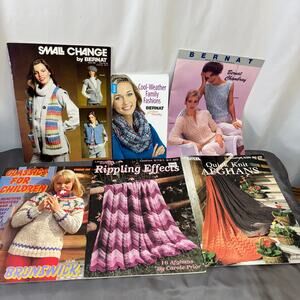 Afghans & Sweaters Pattern Book Lot of 6 Bernat Knit Crochet Children Family VTG